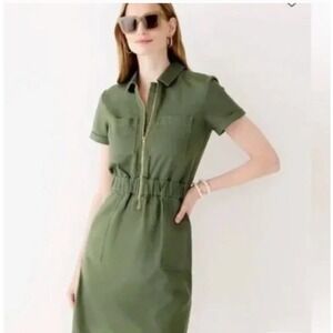 J Crew Utility Green Short Sleeve Zip Front Chino Dress‎ Women's Size 2